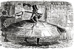 Cartoon in Punch of a "Patent Anti-garotte Overcoat" by Charles Keene in December 1856, at the height of a garotte panic in London that was compared in a parliamentary debate to thuggee.