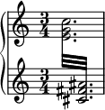 \new PianoStaff <<
\new Staff = "up" \relative c'' {
\time 3/4
s2.
}
\new Staff = "down" \relative c' {
\time 3/4
\voiceOne
\repeat tremolo 12 {
{
\change Staff = "up"
\voiceTwo
<e g c>32
}
{
\change Staff = "down"
\voiceOne
<cis fis ais>32
}
}
}
>>