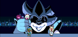 Pixel art video game. A large blue grinning mech, piloted by Queen visible through its eye window, holds three small colorful characters in its fist while looming behind two others. All except Kris, the only human, pose with upbeat expressions against a city-lit backdrop.