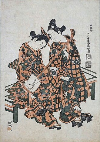 Woodblock print by Ishikawa Toyonobu of kabuki actors Onoe Kikugorō I and Nakamura Kiyosaburō as a young seated couple playing a shamisen signed 'Meijōdō Ishikawa Shūha Toyonobu zu', 1750–1758