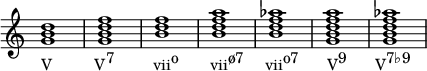 {
#(set-global-staff-size 16)
\override Score.TimeSignature #'stencil = ##f
\relative c'' {
\clef treble
\time 4/4
<g b d>1_\markup{ \concat{ "V" \hspace #6 "V" \raise #1 "7" \hspace #5.5 "vii" \raise #1 "o" \hspace #4.5 "vii" \raise #1 "ø7" \hspace #3 "vii" \raise #1 "o7" \hspace #4 "V" \raise #1 "9" \hspace #4 "V" \raise #1 "7♭9" } }
<g b d f>
<b d f>
<b d f a>
<b d f aes>
<g b d f a>
<g b d f aes>
} }