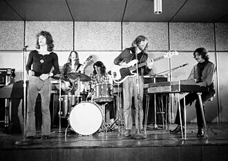 On stage in 1969, Germany. L-R Mike Harrison, Luther Grosvenor, Mike Kellie, Andy Leigh, Gary Wright