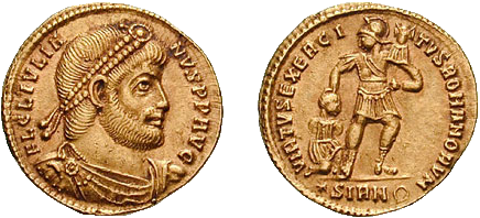 Solidus, obverse showing Julian as philosopher, reverse symbolizing the strength of the Roman army