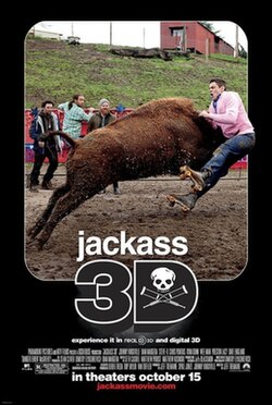 a man being charged by a Buffalo in a muddy rodeo ring with three guys watching in the background. The title "jackass 3D" appears below along with the credits and MPAA rating.