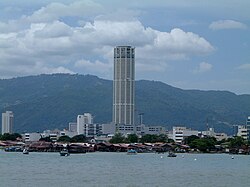 Exterior of Komtar with clan jetties in foreground, 2003.