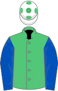 Emerald green, royal blue sleeves, white cap, emerald green spots
