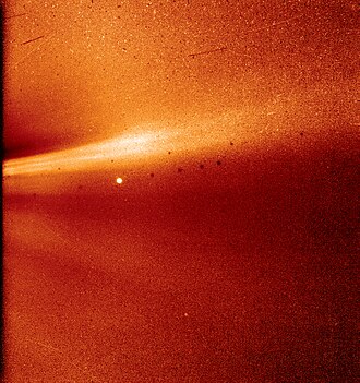 Photo from the WISPR shows a coronal streamer, seen over the east limb of the Sun on Nov. 8, 2018, at 1:12 a.m. EST. The fine structure of the streamer is very clear, with at least two rays visible. Parker Solar Probe was about 16.9 million miles from the Sun's surface when this image was taken. The bright object near the center of the image is Mercury, and the dark spots are a result of background correction.[12]