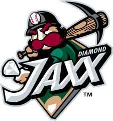 A logo depicting a miner with a pickax in place of a bat holding out a diamond as if prepared to toss it up in the air and take a swing at it