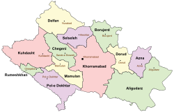 Location of Azna County in Lorestan province (right, purple)
