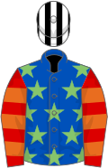 Royal blue, light green stars, red and orange hooped sleeves, black and white striped cap
