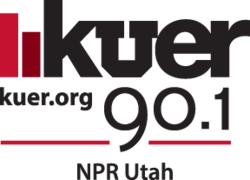 Two red bars next to the lowercase letters K U E R, mostly in a sans serif. The U is a block U associated with the University of Utah. Underneath, small, is the URL K U E R .org and the large frequency "90.1", and underneath that is a red bar and the words "N P R Utah".