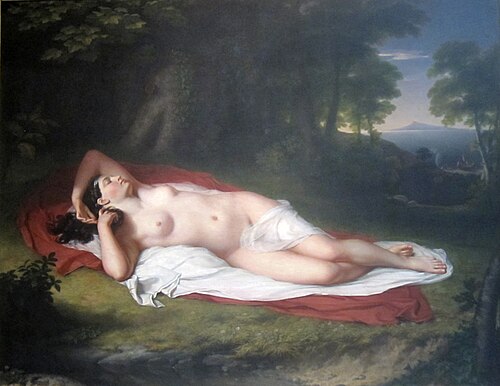 Ariadne Asleep on the Island of Naxos (1808–1812) by John Vanderlyn. The painting was initially considered too sexual for display in the Pennsylvania Academy of the Fine Arts. "Although nudity in art was publicly protested by Americans, Vanderlyn observed that they would pay to see pictures of which they disapproved."[35]