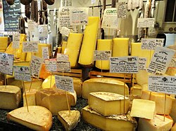 Cheese display in grocery store, United States