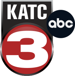 A black rectangle trimmed in silver, with white condensed sans serif letters "KATC", extending down to meet a red circle with silver trim containing a large white numeral 3. The ABC network logo is attached on the upper right side.