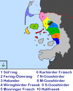 North Frisian map of the North Frisian dialects (1-Sylt, 2a-Föhr, 2b-Amrum)