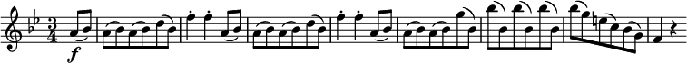 
\relative a' {
  \key bes \major \time 3/4
  \partial 4 a8( \f bes)
  a8( bes) a8( bes) d( bes)
  f'4-. f-. a,8( bes)
  a8( bes) a8( bes) d( bes)
  f'4-. f-. a,8( bes)
  a8( bes) a8( bes) g'( bes,)
  bes'8( bes,) bes'( bes,) bes'( bes,)
  bes'8( g) e( c) bes( g)
  f4 r
}
