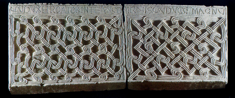Inscription of Stephen Držislav of Croatia, an example of the three-strand Croatian interlace, 10th century, stone, Croatian Institute of History, Zagreb, Croatia