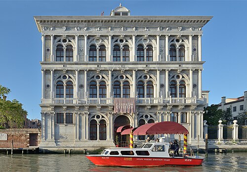 Creative Renaissance reinterpretation of the Classical order on the facade of the Ca' Vendramin Calergi, Venice, by Mauro Codussi, 1481–1509. At the top level, despite the Corinthian columns, the frieze is empty, except some eagles and two urns above each column, a playful reinterpretation of the triglyph that is above columns in the Doric order