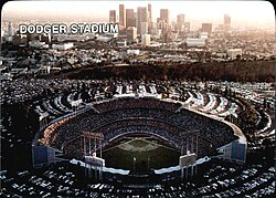 Dodger Stadium pictured beneath the Los Angeles skyline in 1987.