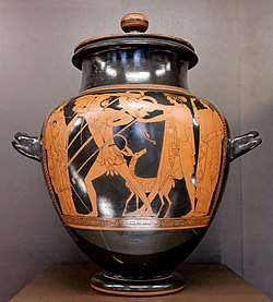 Two-handled pot, with a neck and lid, showing Heracles and three other figures painted in red-figure