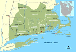Tribal territories of Southern New England tribes about 1600. Grey dotted lines are approximate modern political boundaries.