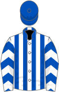 White and royal blue stripes, chevrons on sleeves, royal blue cap