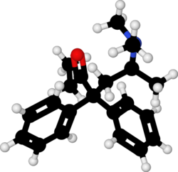 Ball-and-stick model of the less active dextromethadone.