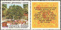 Stamp of the Soviet Union with a label dedicated to the Tree of Friendship in Sochi (1970)
