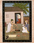 Ravidas at work as a shoemaker. Folio from a series featuring Bhakti saints. Master of the first generation after Manaku and Nainsukh of Guler, Pahari region, c. 1800–1810
