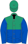 Emerald green and royal blue (halved horizontally), royal blue sleeves, emerald green cap