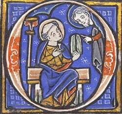 A large letter O in a frame. At the centre of the letter, there is an illustration of Moses receiving the Ten Commandments on tablets of stone.