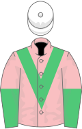 Pink, emerald green chevron, halved sleeves, white cap