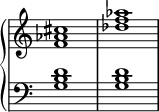 \new PianoStaff <<
  \omit Score.TimeSignature
  \new Staff { <f' aes' cis''>1 <des'' f'' aes''> }
  \new Staff { \clef bass <g b d'>1 <g b d'> }
>>