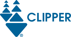 The Clipper logo. Two ships, each composed of three rounded blue triangles pointing upwards atop one blue triangle pointing downwards. The ship on the right is twice as large as the ship on the left. At the right is the word "Clipper" in all capital letters.