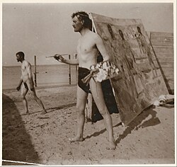 Edvard Munch at the Beach in Warnemünde, 1907, Munch Museum, Oslo. The painting he is working on is Bathing Men (1907-08)