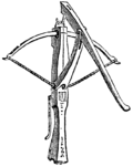 Illustration of a gaffe lever mounted on a crossbow that is nearly at full-span.