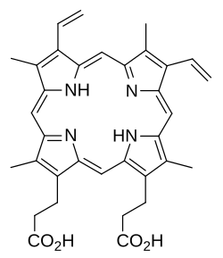 2D representation of the chemical structure of protoporphyrin IX .