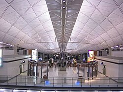The futuristic interior roof of Hong Kong International Airport