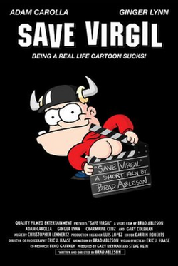 snaggletoothed cartoon character wearing horned helmet puts his bare bottom between the pieces of a clapperboard while looking mischievously at the viewer. Title and tagline “being a real life cartoon sucks!” are above him.