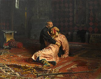 Painting of Ivan the Terrible weeping over the tsarevich Ivan, his injured son