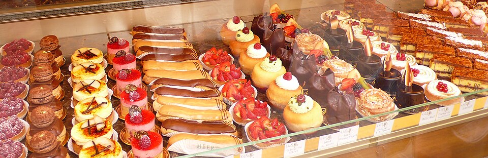 An assortment of pastries at a bakery