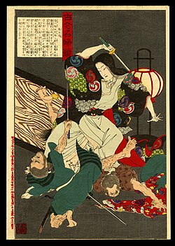 Kasuga no Tsubone fighting robbers – Adachi Ginko (c. 1880)