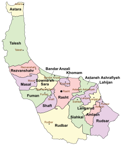 Location of Fuman County in Gilan province (center left, green)