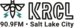 In the upper left corner, a black illustration of a bee with two teal-colored thunderbolts emerging from its wings. To the right, the letters KRCL in a sans serif in a treatment suggesting neon light tubes. Below are the words "90.9FM" and "Salt Lake City" in a sans serif in black.