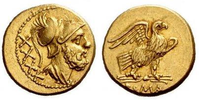 Issue worth 40 (XXXX) asses, 211 BC. The obverse depicts the god Mars.