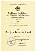 Award certificate: German Cross in Gold to Count Claus von Stauffenberg 8 May 1943