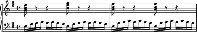 \new PianoStaff <<
\new Staff {
\time 4/4
\clef treble
\key e \minor
\chordmode {
g8:3.6 r r4 e'8:m/b r r4 |
\repeat unfold 2 { a8:3-.6 r r4 } |
}
}
\new Staff {
\clef bass
\key e \minor
\relative c {
\repeat unfold 2 { e16 g a b a b a g } |
\repeat unfold 2 { e a b c b c b a } |
}
}
>>