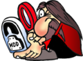 Logo depicting Richard Stallman with a magnifying glass checking a hard drive