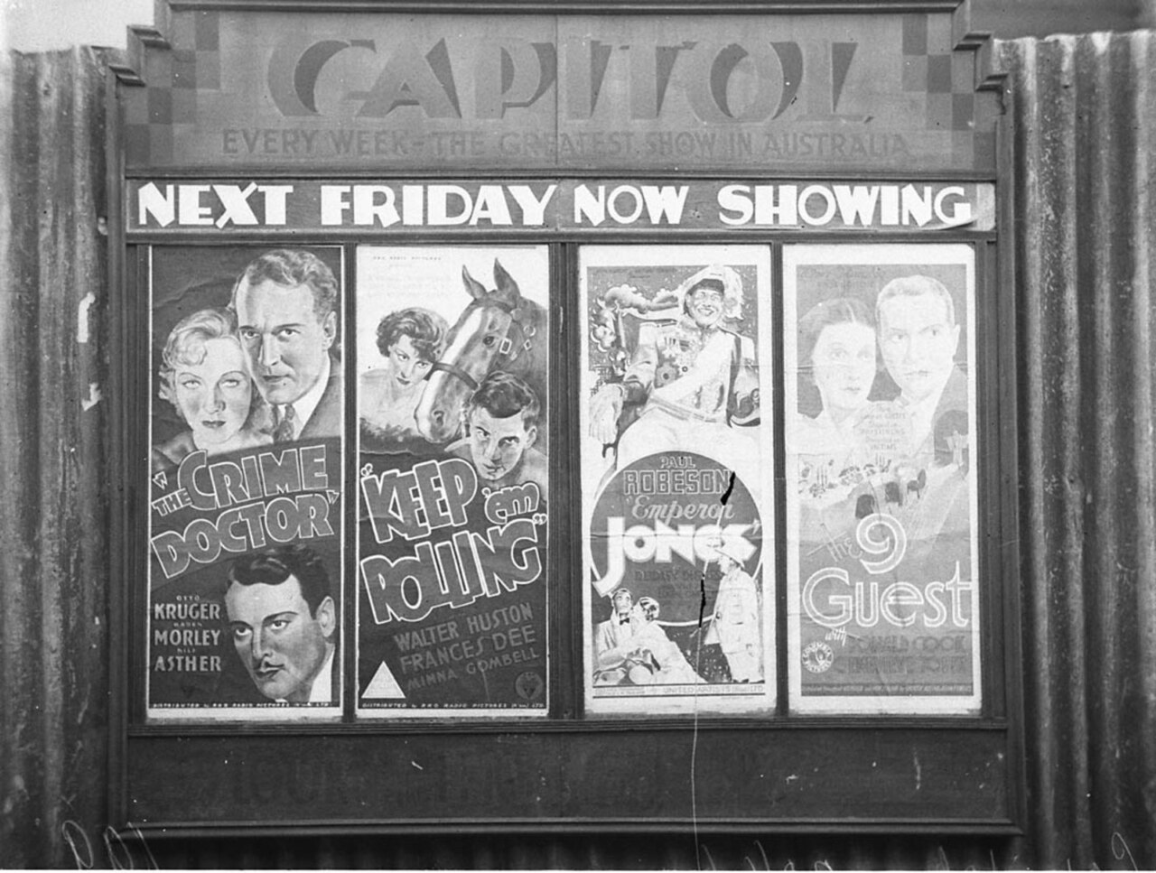 SLNSW 6646 Otto Kruger Karen Morley and Nils Asther in The Crime Doctor and Walter Huston Frances Dee and Minna Gombell in Keep em Rolling Capitol Theatre posters.jpg