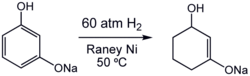 Partial hydrogenation of a resorcinol derivative using a Raney-Nickel catalyst.